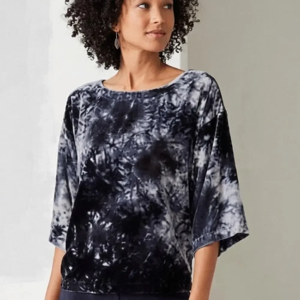 J. Jill Purejill Tie Dye Velvet Top Womens XL Blue Boxy Boat Neck Whimsygoth